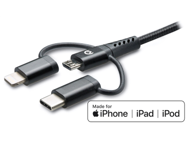 Mobilize Strong Nylon Cable 3In1 Usb To Micro Usb, Usb-C, Apple Mfi Lightning 1.5M Black