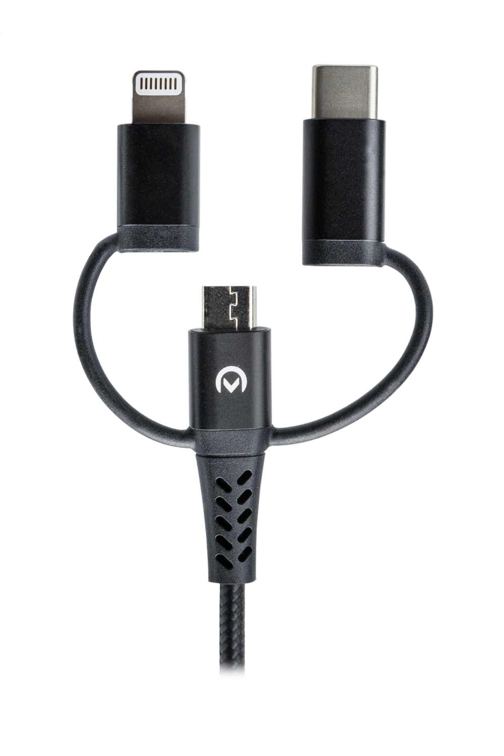 Mobilize Strong Nylon Cable 3In1 Usb To Micro Usb, Usb-C, Apple Mfi Lightning 1.5M Black - Afbeelding 3