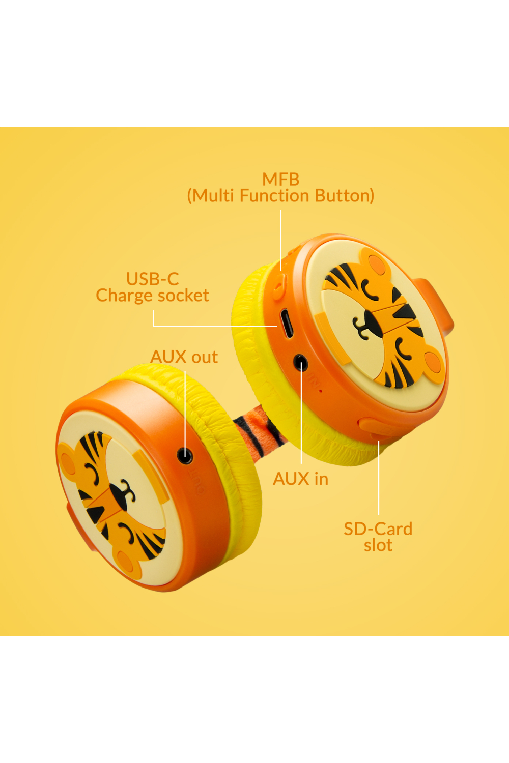 Mobilize Wireless/Wired Over Ear Kids Headphone 85Db Tiger - Afbeelding 4