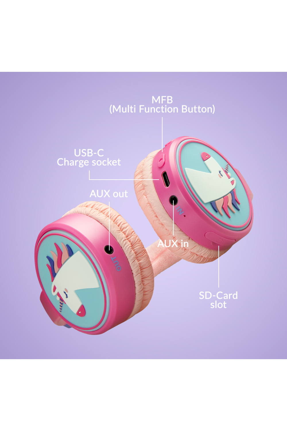 Mobilize Wireless/Wired Over Ear Kids Headphone 85Db Unicorn - Afbeelding 4