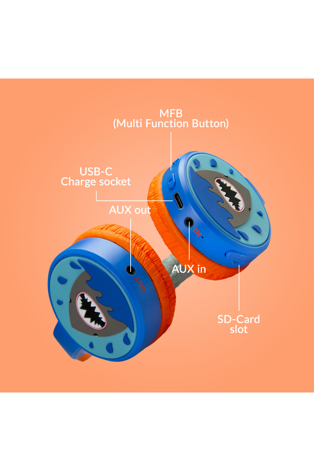 Mobilize Wireless/Wired Over Ear Kids Headphone 85Db Shark - Afbeelding 4
