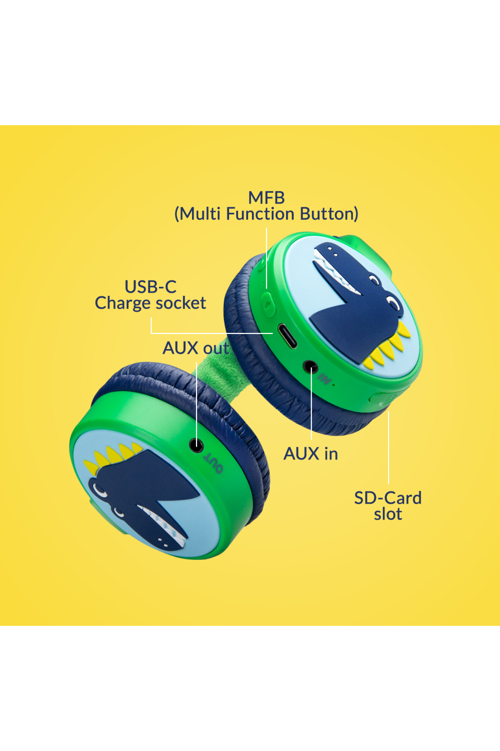 Mobilize Wireless/Wired Over Ear Kids Headphone 85Db Dinosaur - Afbeelding 4