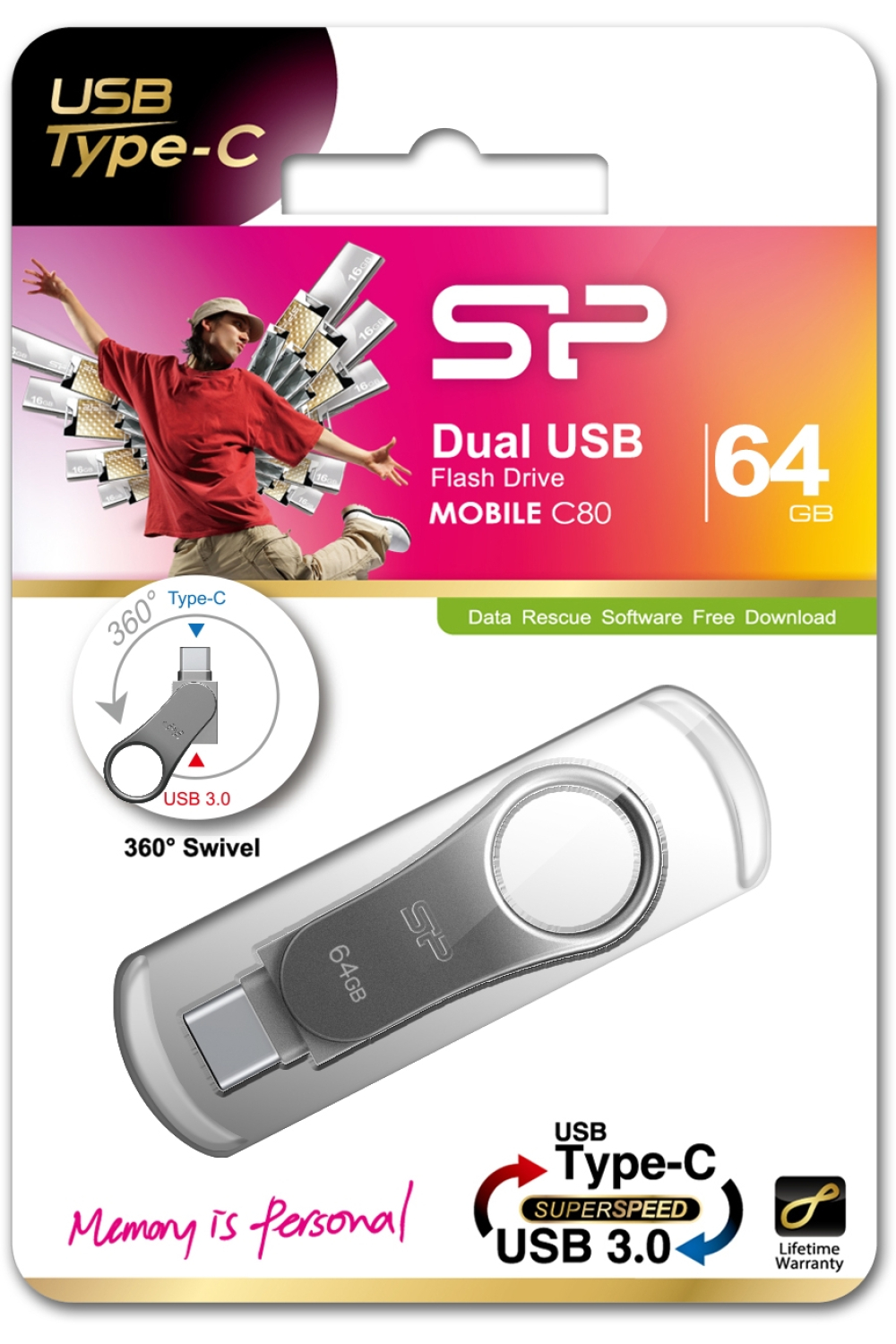 Silicon Power C80 Dual Usb Pendrive Mobile 64Gb Usb-C Grey - Afbeelding 4