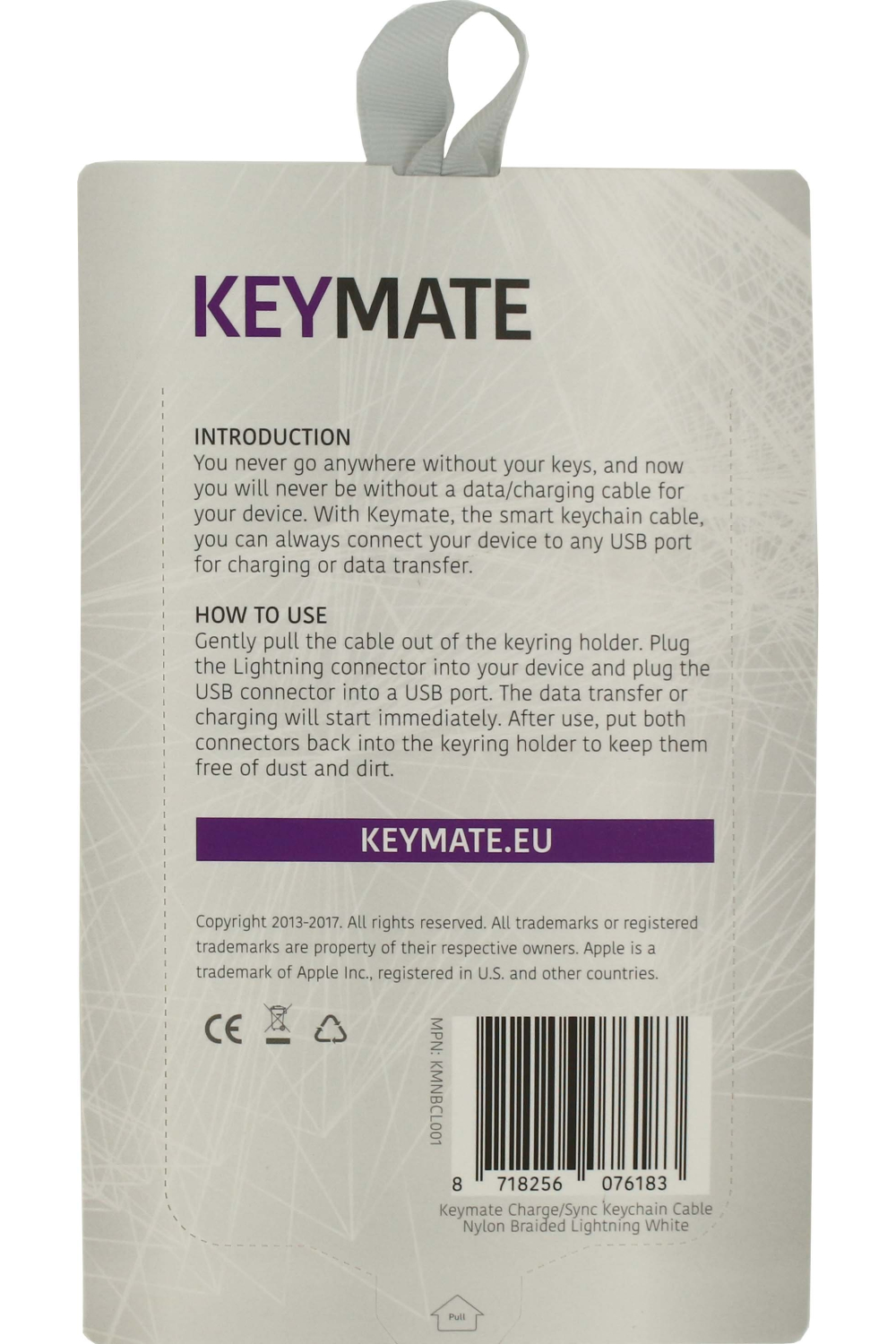 Keymate Charge/Sync Keychain Cable Nylon Braided Lightning White - Afbeelding 2