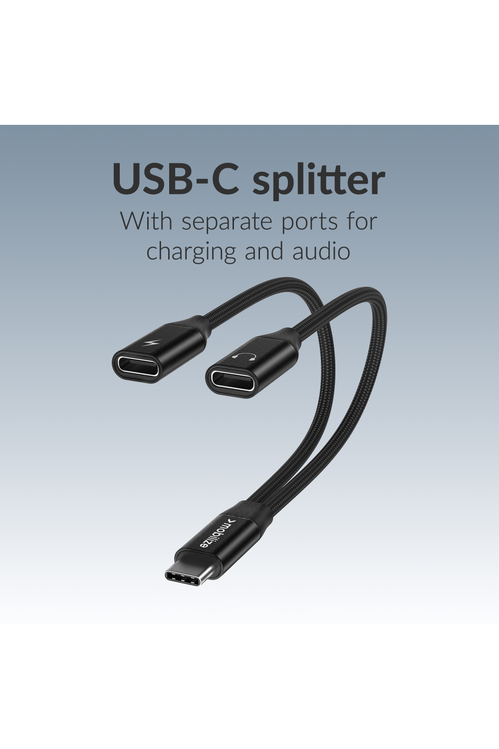Mobilize Strong Nylon Usb-C Splitter For Audio And Charging 15Cm Black - Afbeelding 2