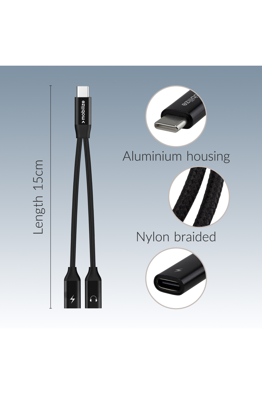 Mobilize Strong Nylon Usb-C Splitter For Audio And Charging 15Cm Black - Afbeelding 5
