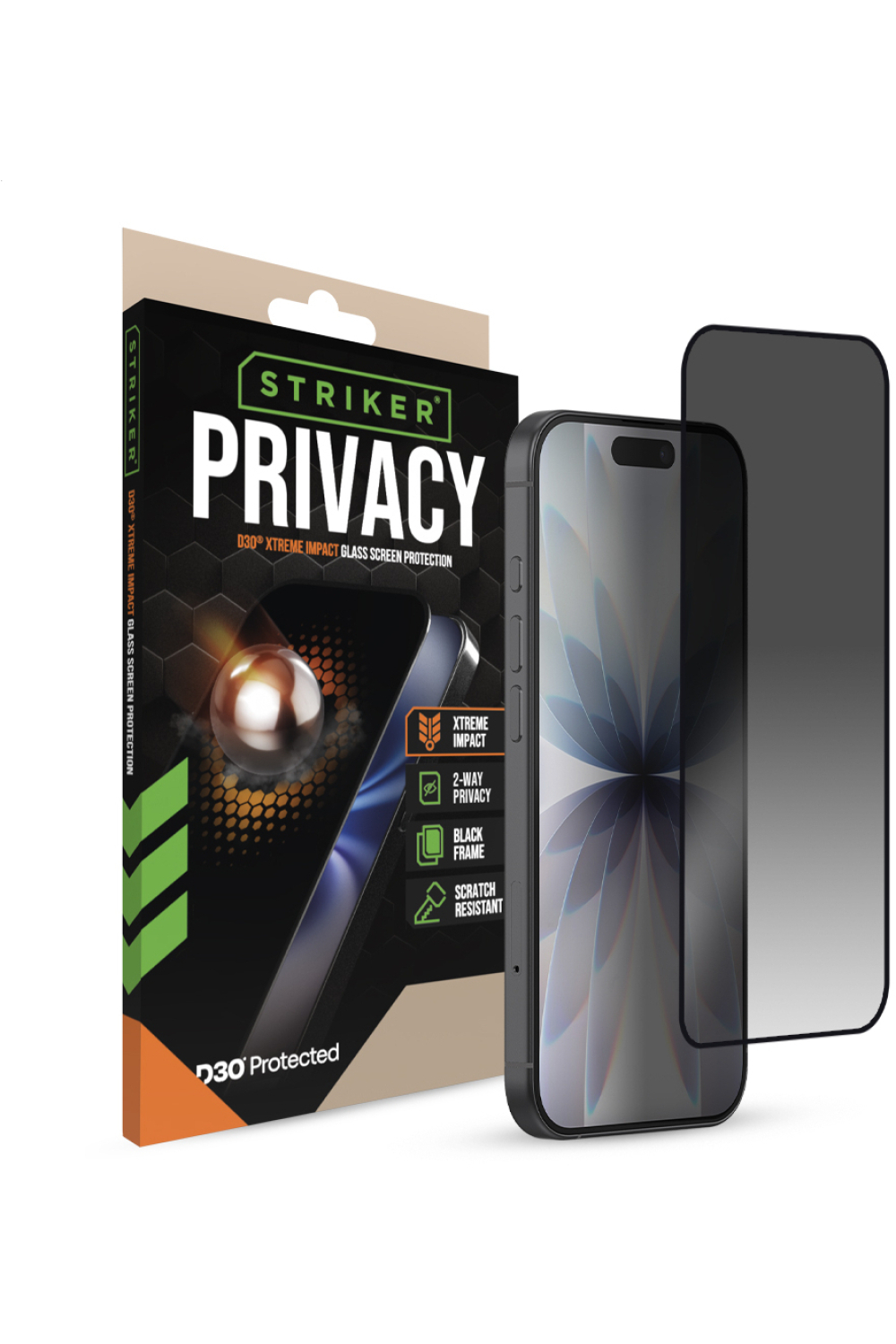 Striker D3O Xtreme Impact Privacy Glass Screen Protector - Black Frame - Apple Iphone 18 Pro Max
