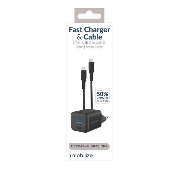 Mobilize Wall Charger Usb-C + Usb Gan 30W With Pd/Pps + Usb-C Nylon Cable 1.2M Black - Afbeelding 10