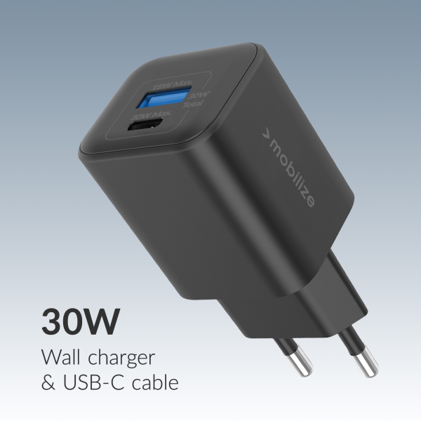 Mobilize Wall Charger Usb-C + Usb Gan 30W With Pd/Pps + Usb-C Nylon Cable 1.2M Black - Afbeelding 2