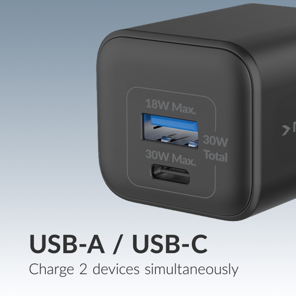 Mobilize Wall Charger Usb-C + Usb Gan 30W With Pd/Pps + Usb-C Nylon Cable 1.2M Black - Afbeelding 4
