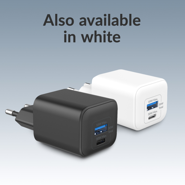 Mobilize Wall Charger Usb-C + Usb Gan 30W With Pd/Pps + Usb-C Nylon Cable 1.2M Black - Afbeelding 9