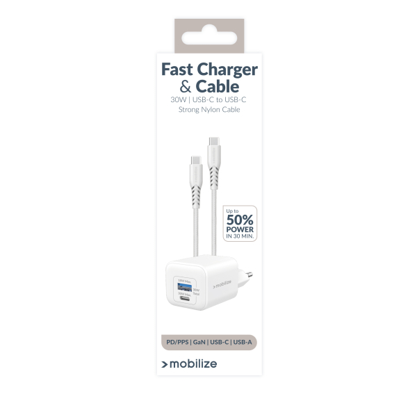 Mobilize Wall Charger Usb-C + Usb Gan 30W With Pd/Pps + Usb-C Nylon Cable 1.2M White - Afbeelding 10