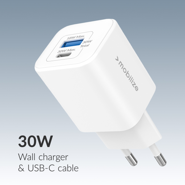 Mobilize Wall Charger Usb-C + Usb Gan 30W With Pd/Pps + Usb-C Nylon Cable 1.2M White - Afbeelding 2