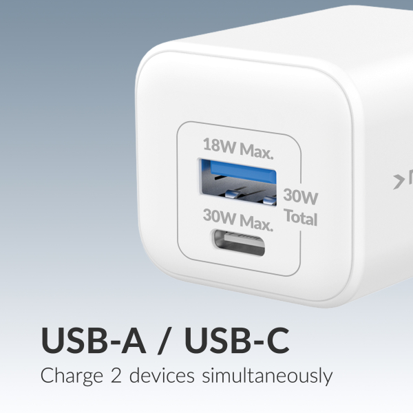 Mobilize Wall Charger Usb-C + Usb Gan 30W With Pd/Pps + Usb-C Nylon Cable 1.2M White - Afbeelding 4