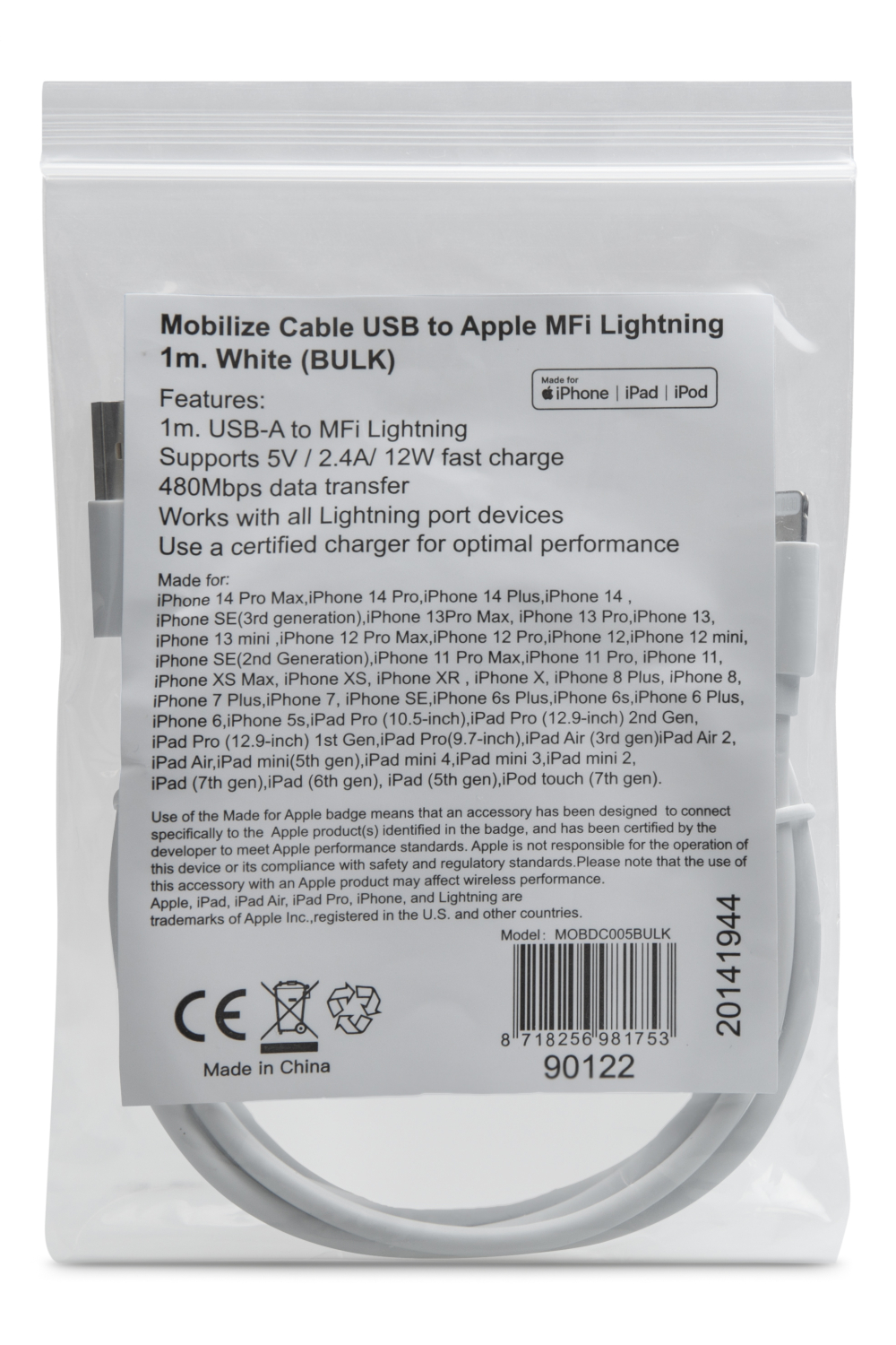 Mobilize Bulk Mobilize Cable Usb To Apple Mfi Lightning 1M. 12W White (Bulk) - Afbeelding 2