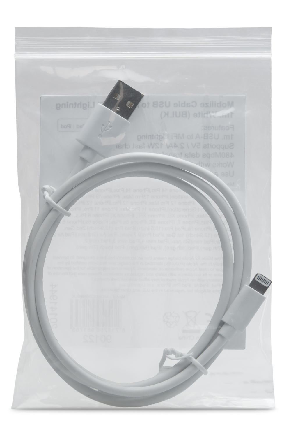 Mobilize Bulk Mobilize Cable Usb To Apple Mfi Lightning 1M. 12W White (Bulk) - Afbeelding 3