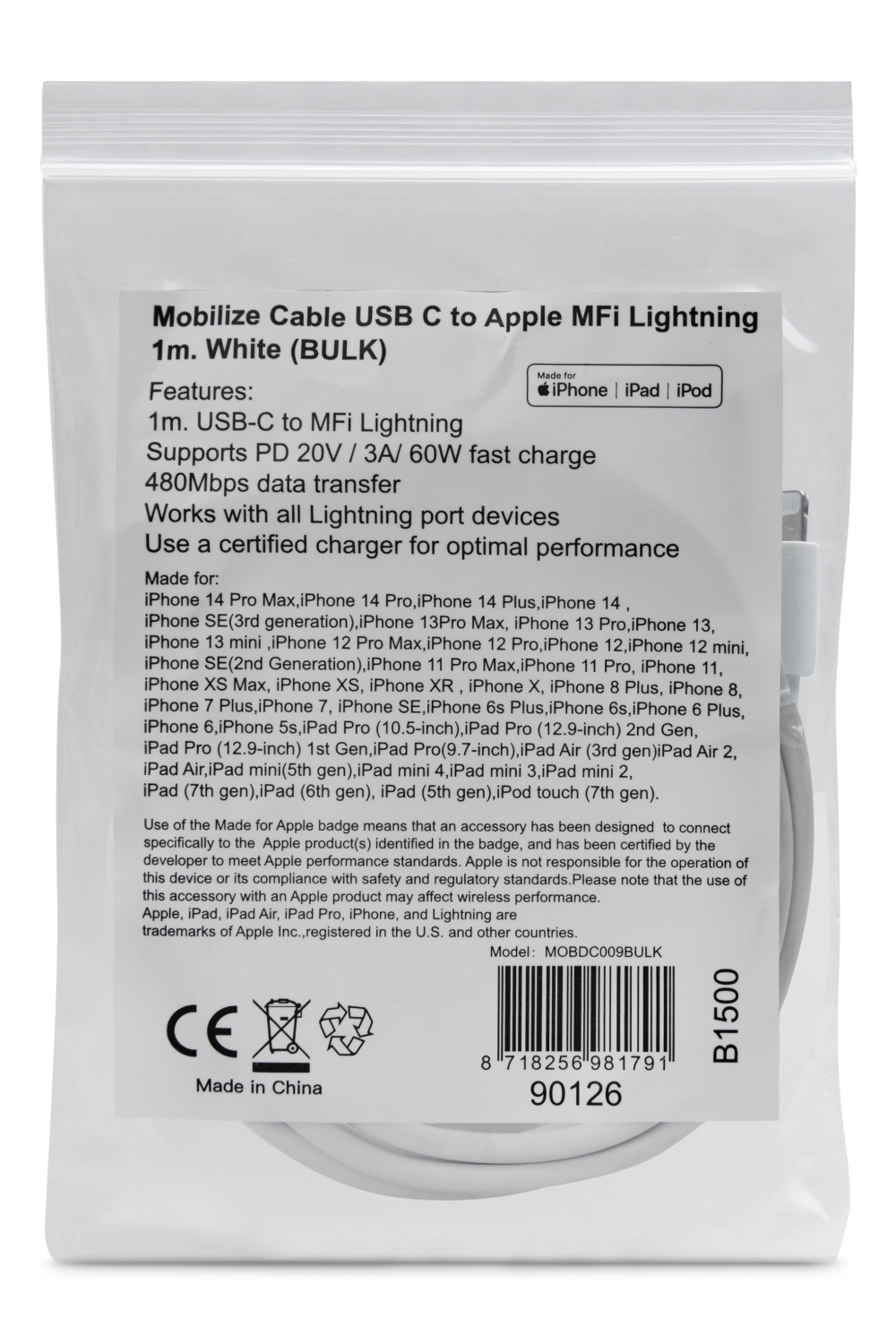 Mob Oem Cable Usb-C To Apple Lightning (Non Mfi) 1M. White (Bulk) - Afbeelding 2